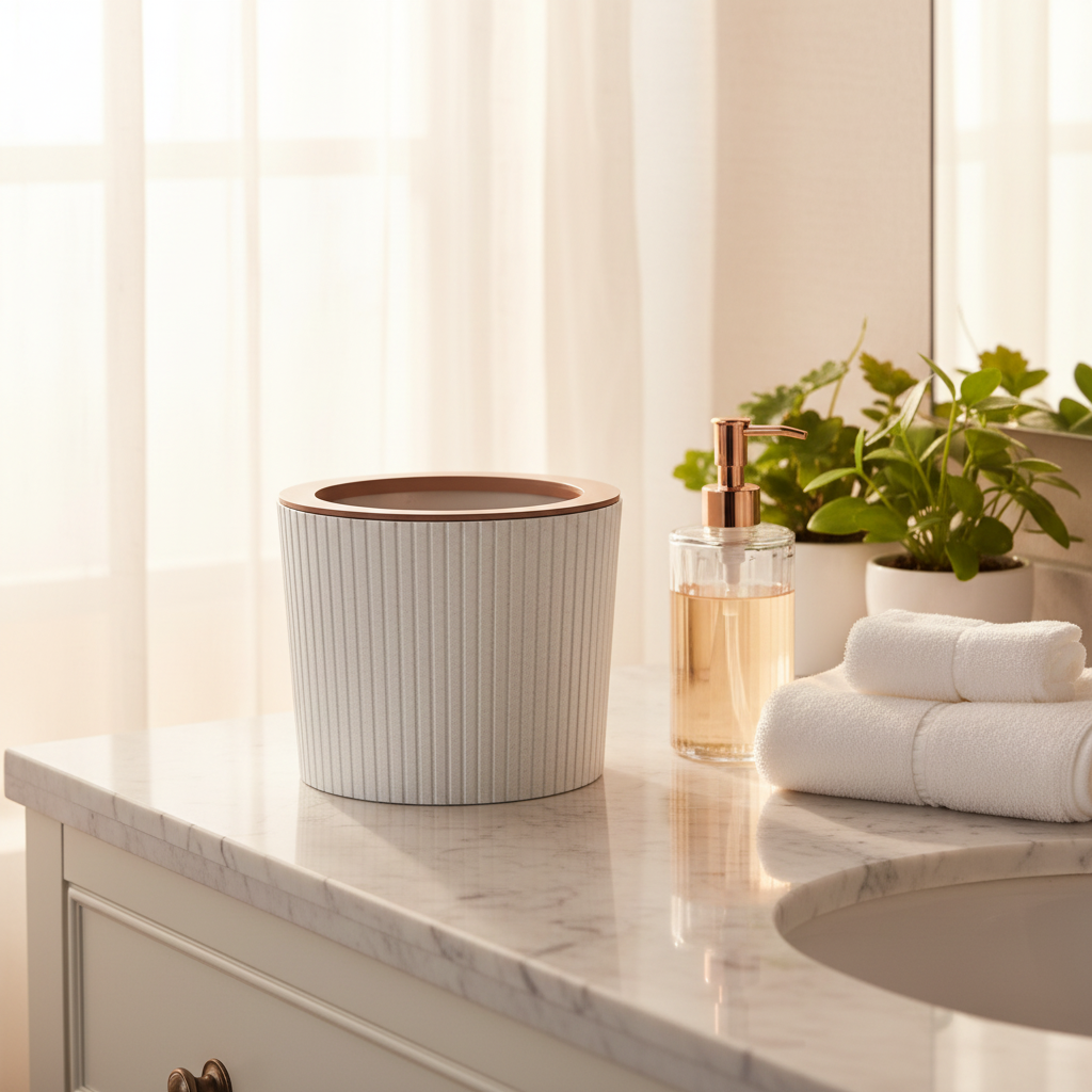 Ribbed Striped Trash Bin with Rose Gold Ring on a marble bathroom vanity with soap and towels