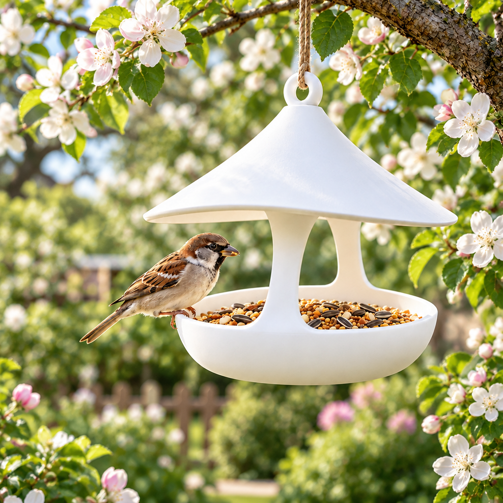 Modern bird feeder among apple blossom