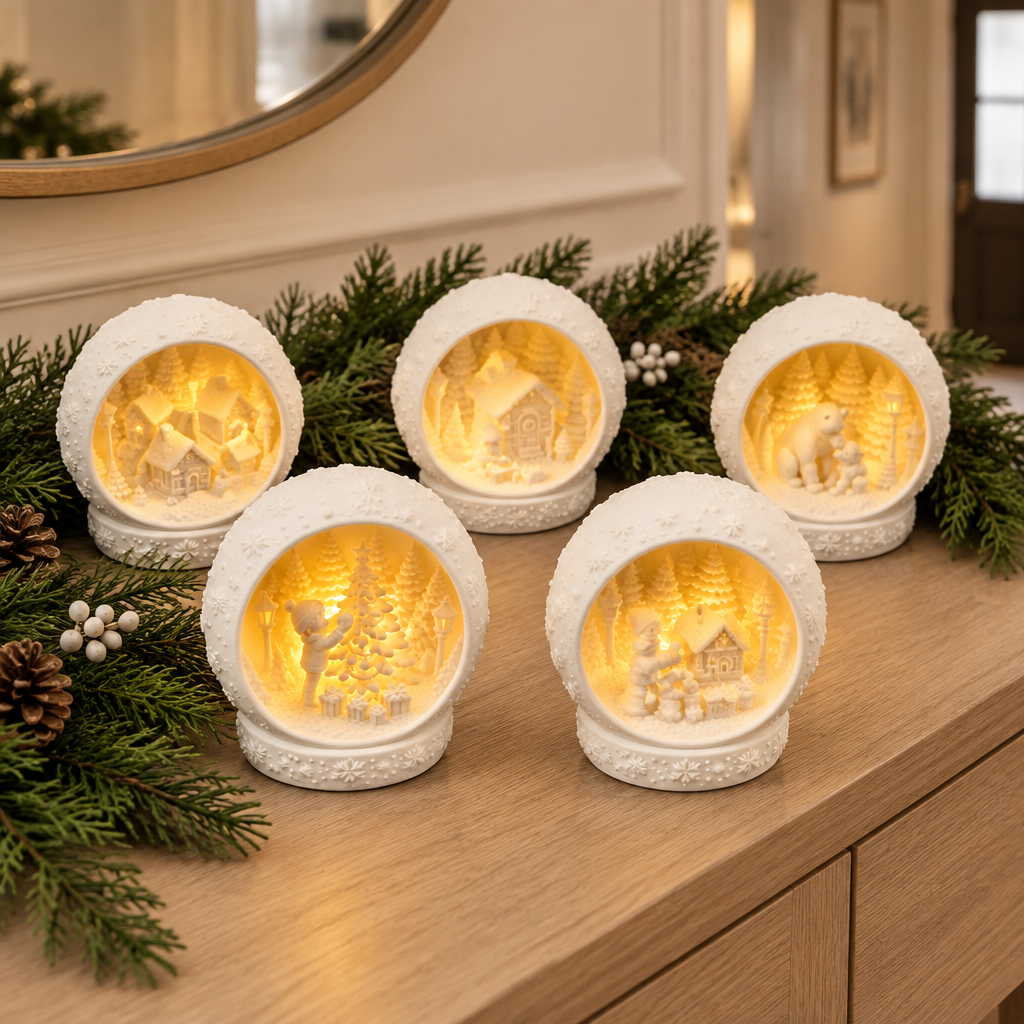 Five white festive scene tealight holders arranged on an oak entryway console.