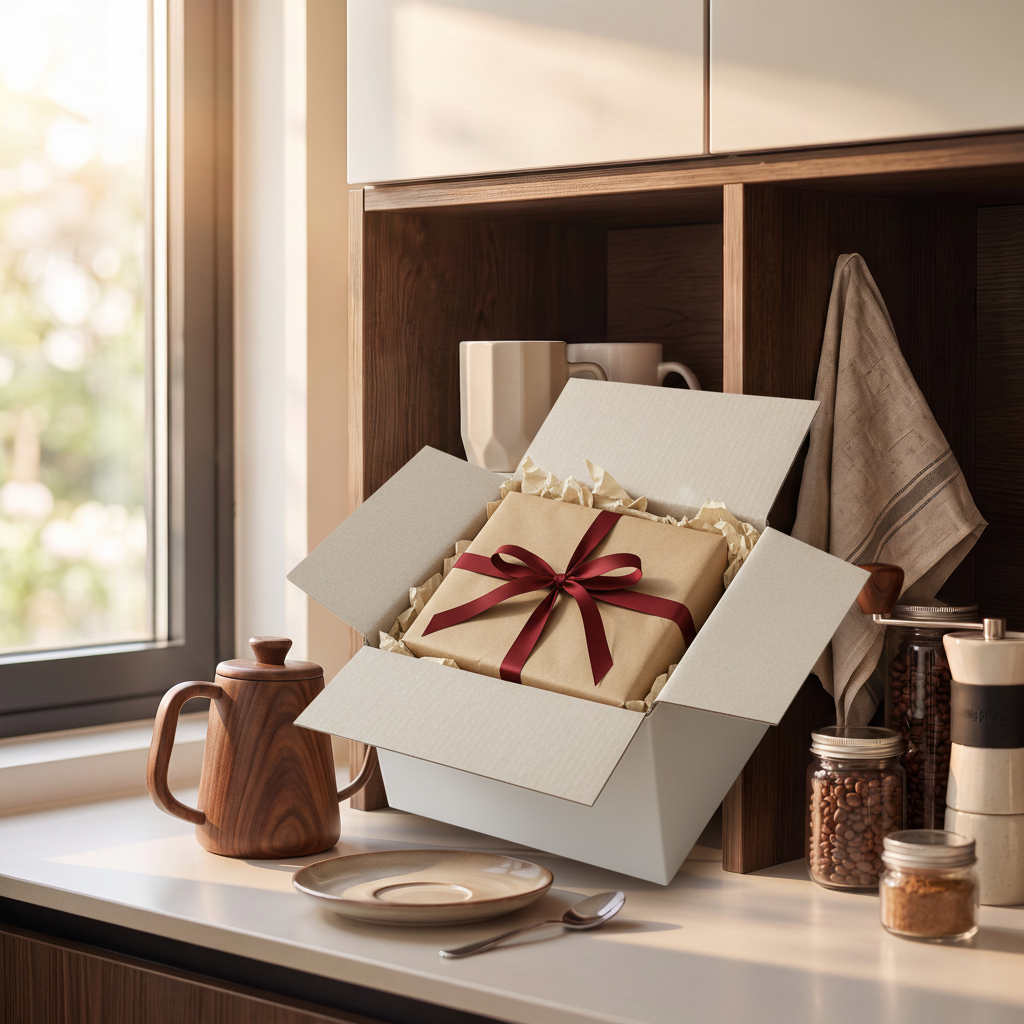 Cupstack gift wrapped in kraft paper box