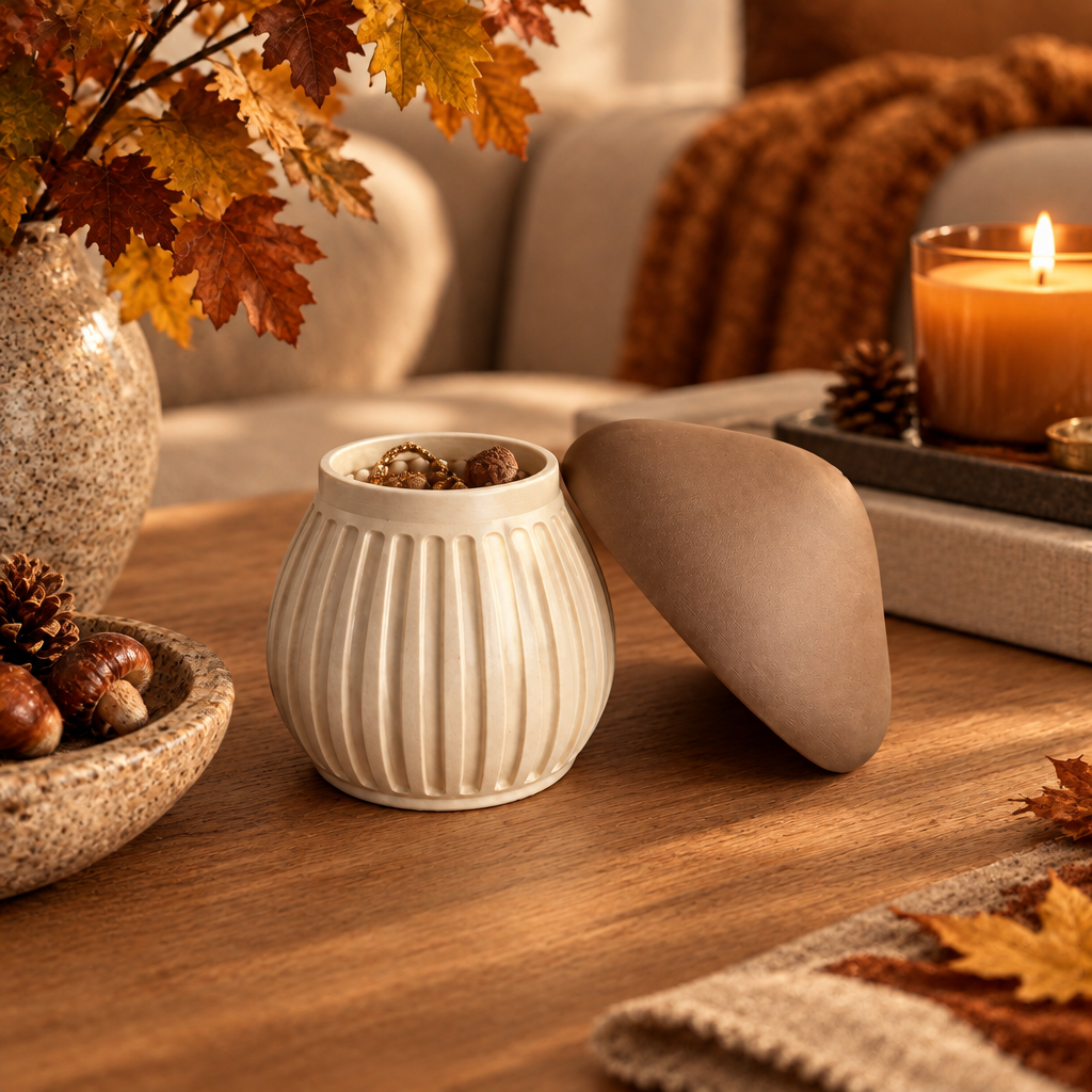 Beige ribbed mushroom container open on an autumn coffee table
