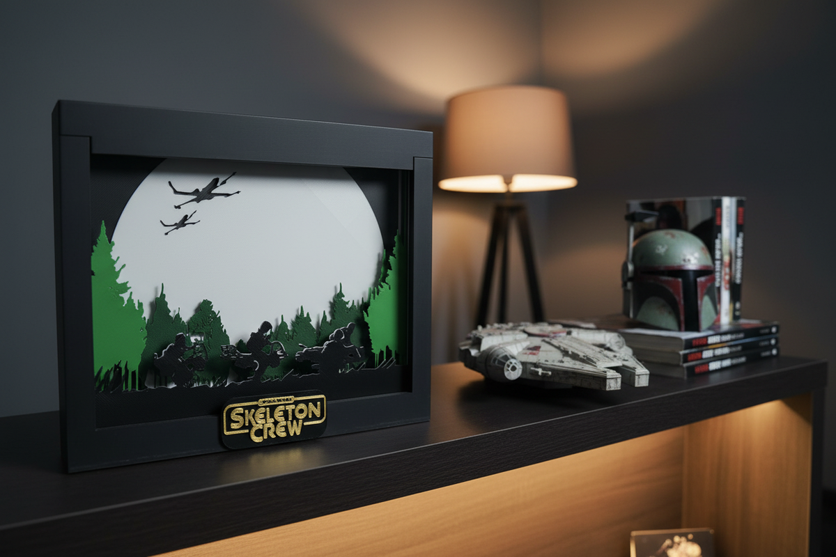 Skeleton Crew Shadow Box on a dark wooden shelf in a moody living room with warm ambient lighting and Star Wars collectibles