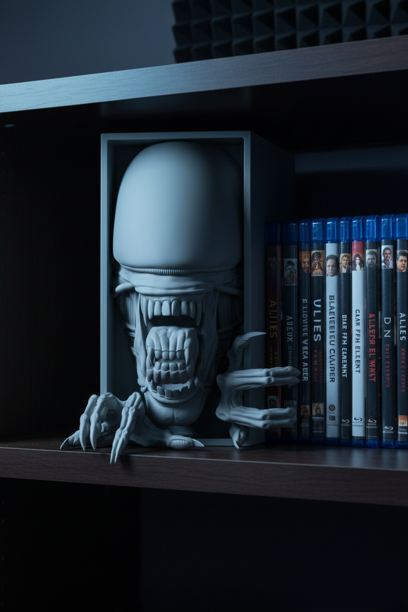 Alien Xenomorph book nook relief sculpture grey framed box dark moody home cinema room shelf beside sci-fi blu-ray collection dim blue accent lighting cinematic horror display portrait