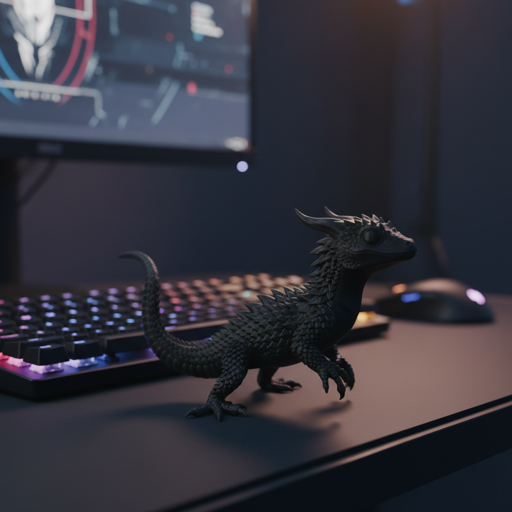 Tiny Legend Gecko-Dragon Figurine - black colourway on gaming desk with RGB lighting