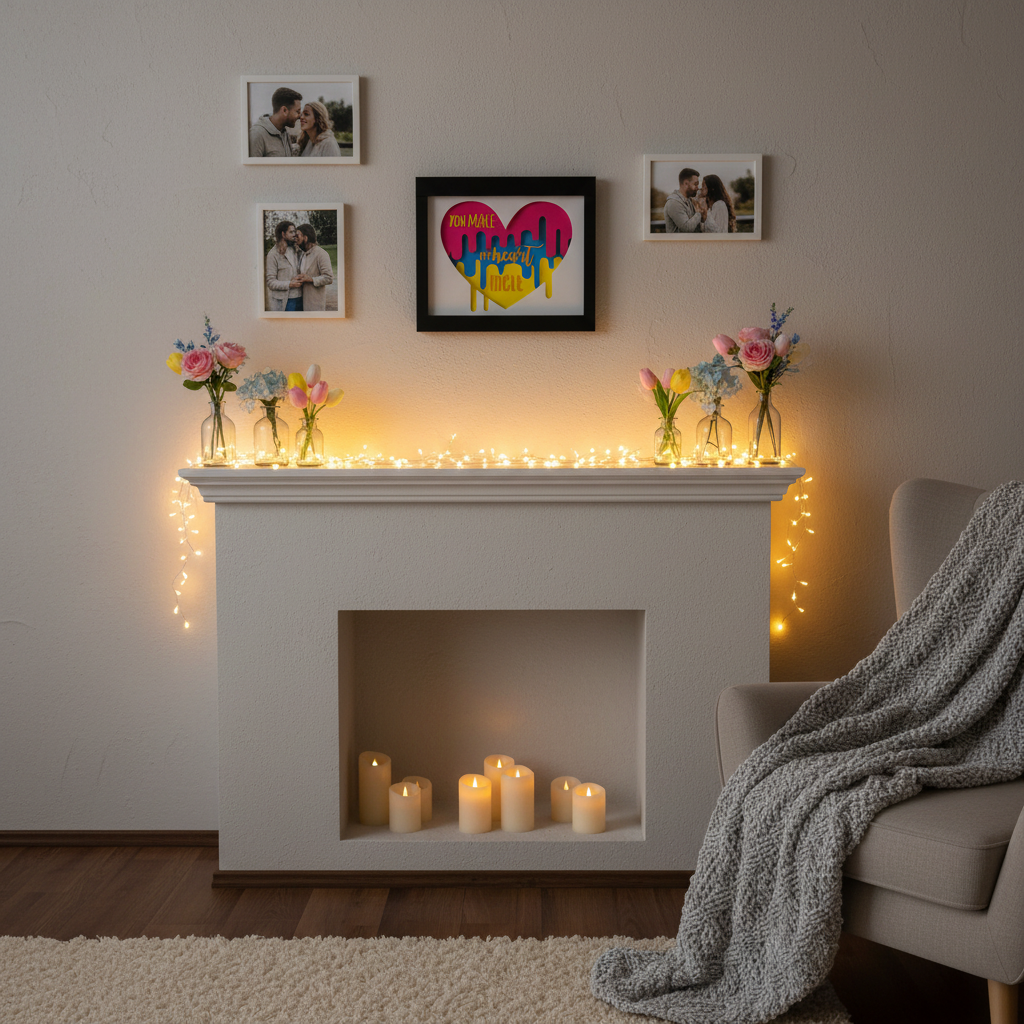 You Make My Heart Melt Shadow Box displayed on living room wall above mantelpiece with fairy lights and flowers
