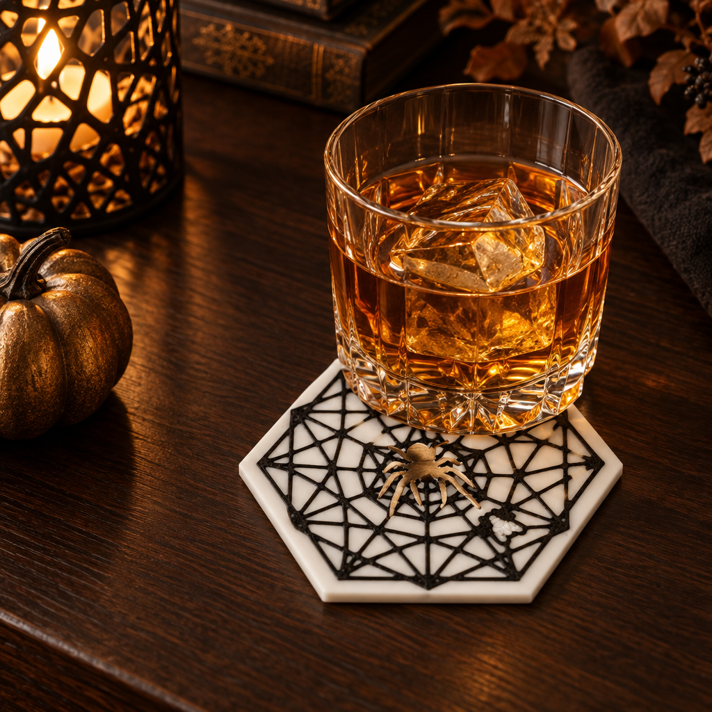 Spider Web Coaster on dark oak side table