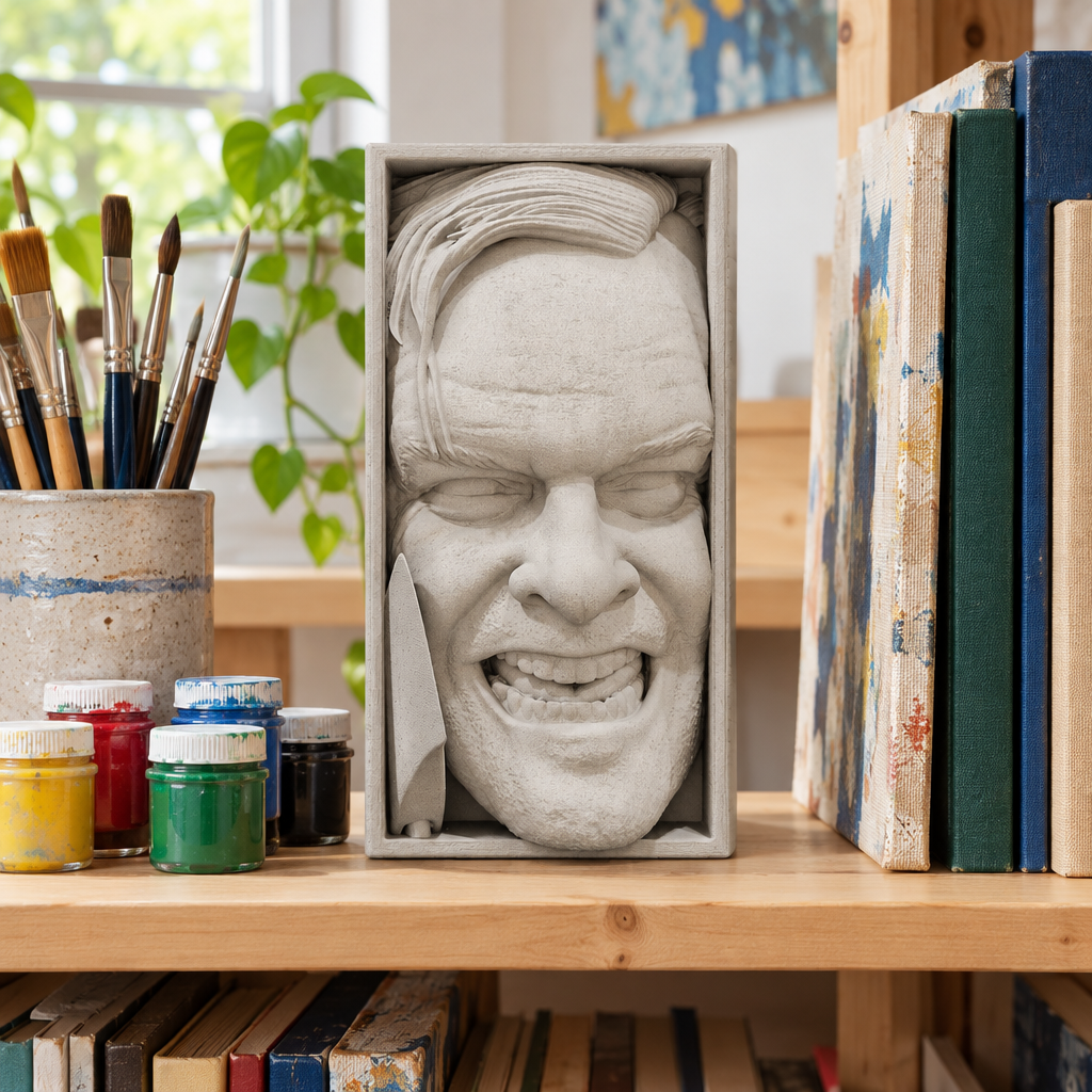 Paint-ready The Shining book nook on an artist studio bookshelf