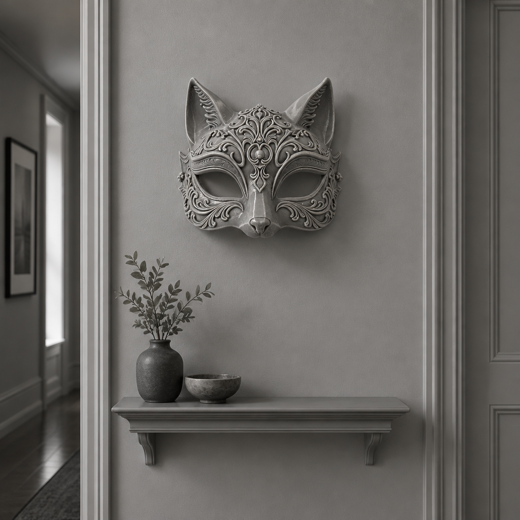 Grey sculptural cat mask displayed as wall decor in a monochrome hallway