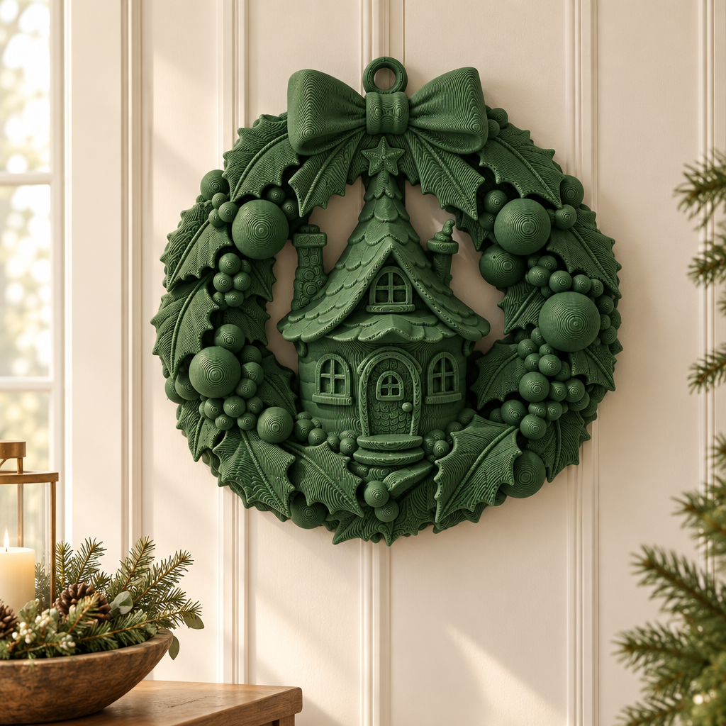 Green Fairy Cottage Christmas Wreath displayed on a pale paneled entryway wall
