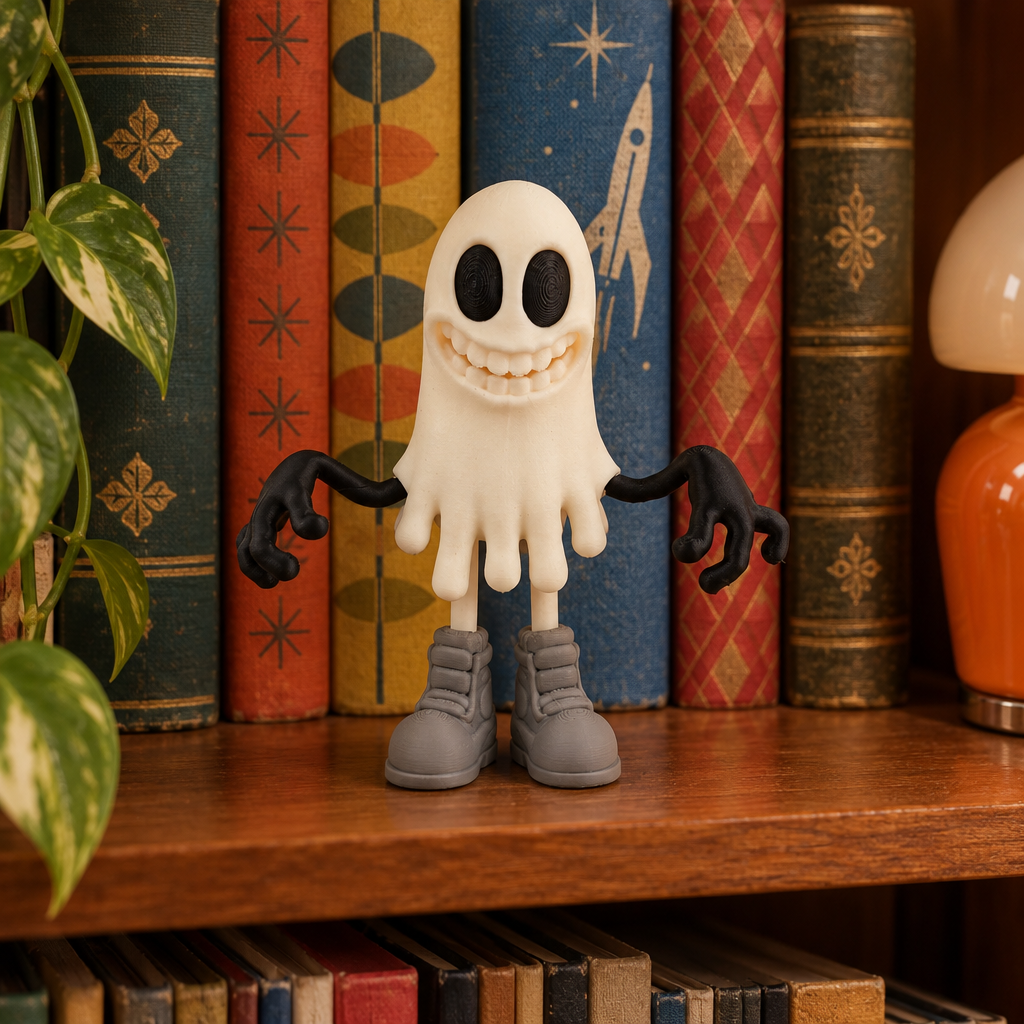 Retro Ghost Figure on colourful bookshelf
