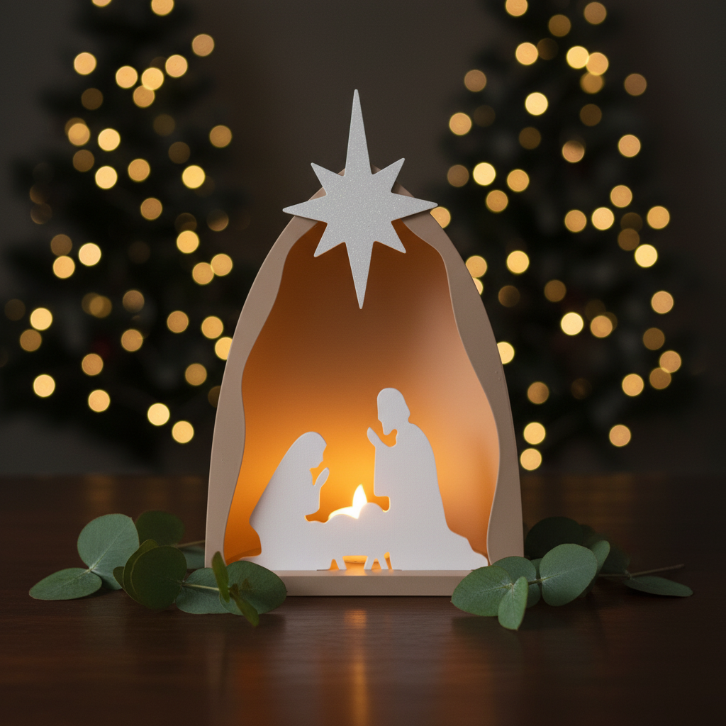 Close-up of nativity scene glowing amber on dark wooden table with eucalyptus lifestyle