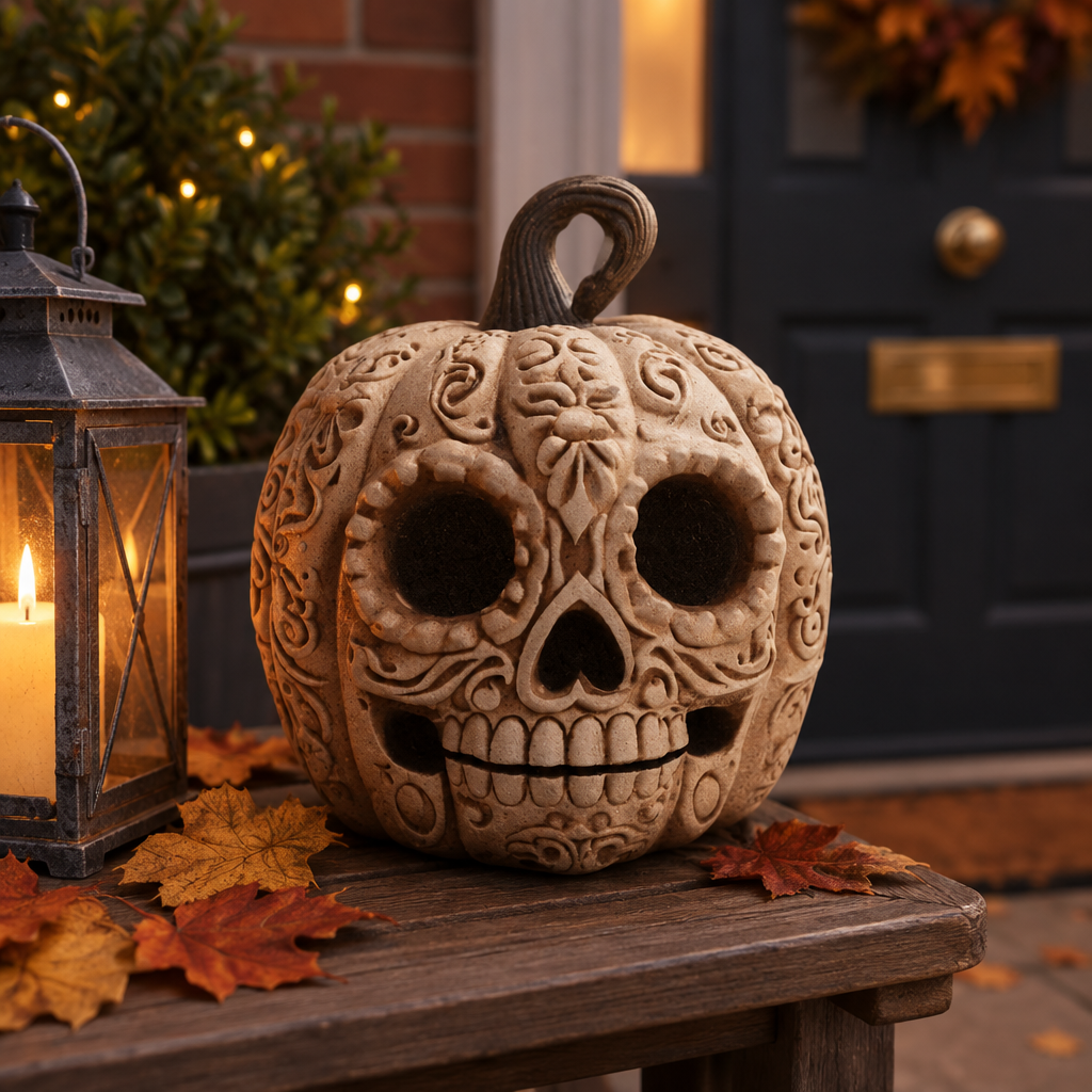 Pumpkin skull ornament on a front porch table beside a lantern and autumn leaves at dusk