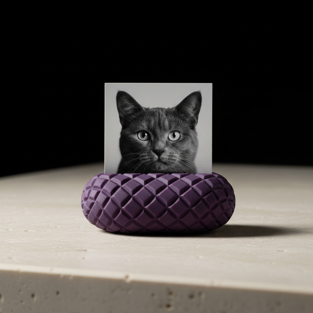 Single Geometric Mini Photo Holder deep matte purple diamond lattice pebble form holding square black and white portrait photograph extreme macro close up pale travertine black studio background soft directional raking light every diamond lattice facet precise sculptural shadow detail square editorial