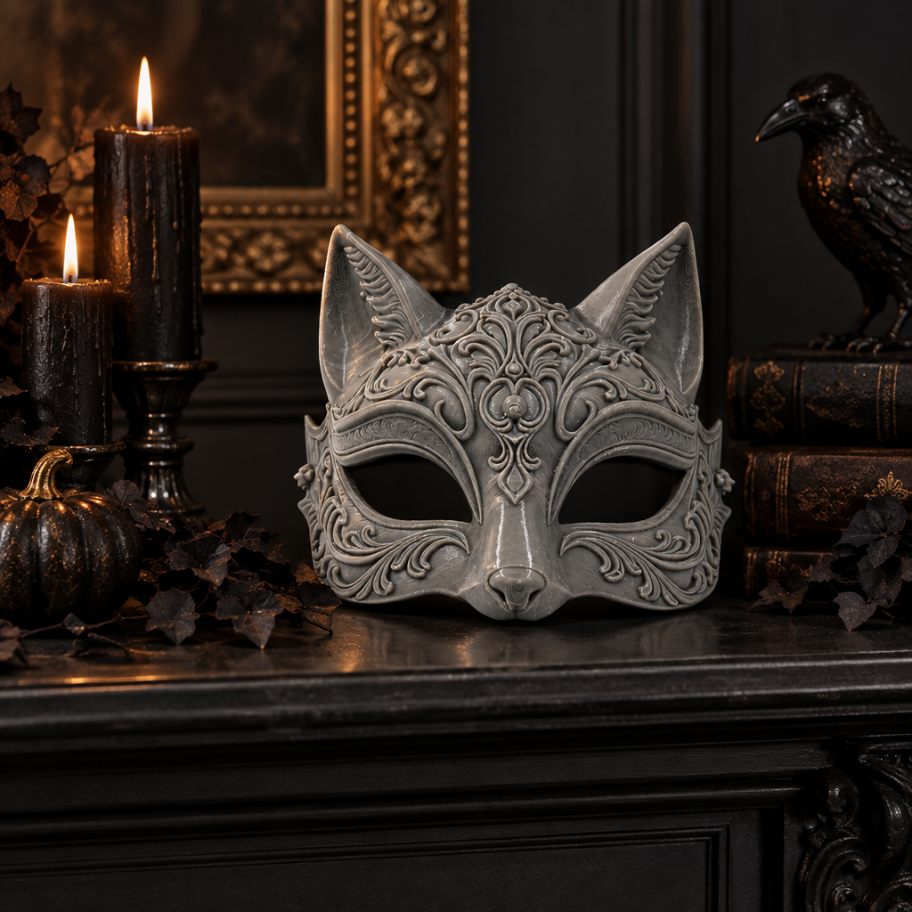 Ornate grey cat mask displayed on a dark mantel beside subtle candles