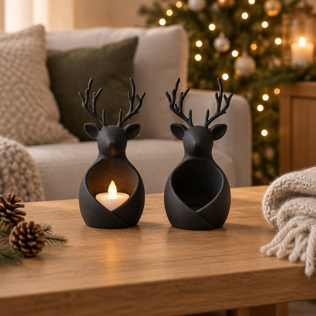 Black reindeer tealight holders on a cosy Christmas coffee table