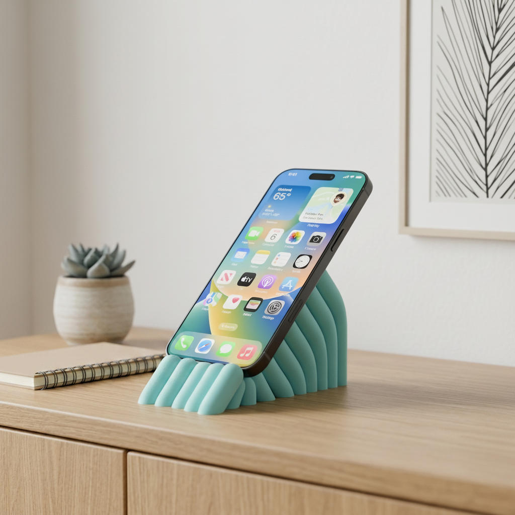 Anemone Inspired Bobbly Phone Stand - sage green oak desk with succulent