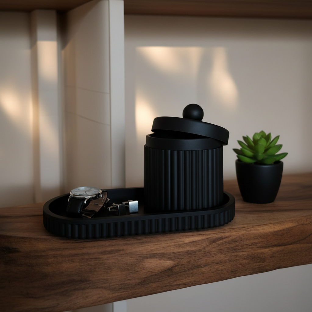 Matte black ribbed organiser set on dark oak desk with luxury watch and cufflinks