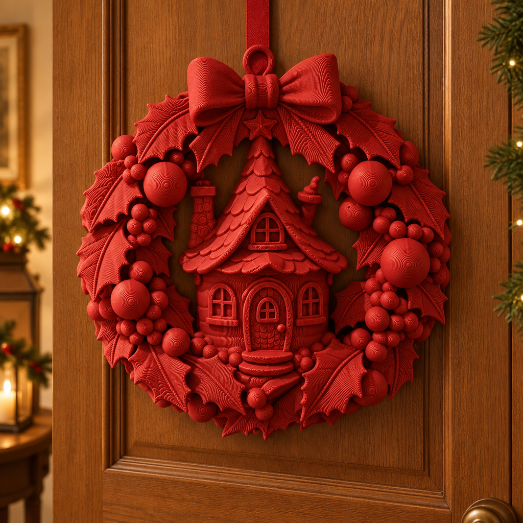 Red Fairy Cottage Christmas Wreath hanging on the inside of a wooden entry door