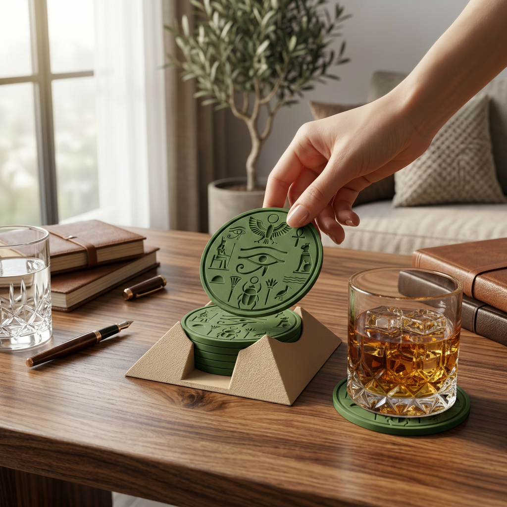 Ancient Egyptian Pyramid Coaster Set - Green colourway on home bar