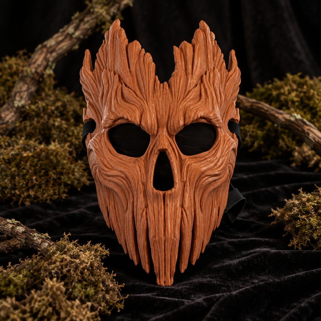 Skullbark Mask on black velvet with moss