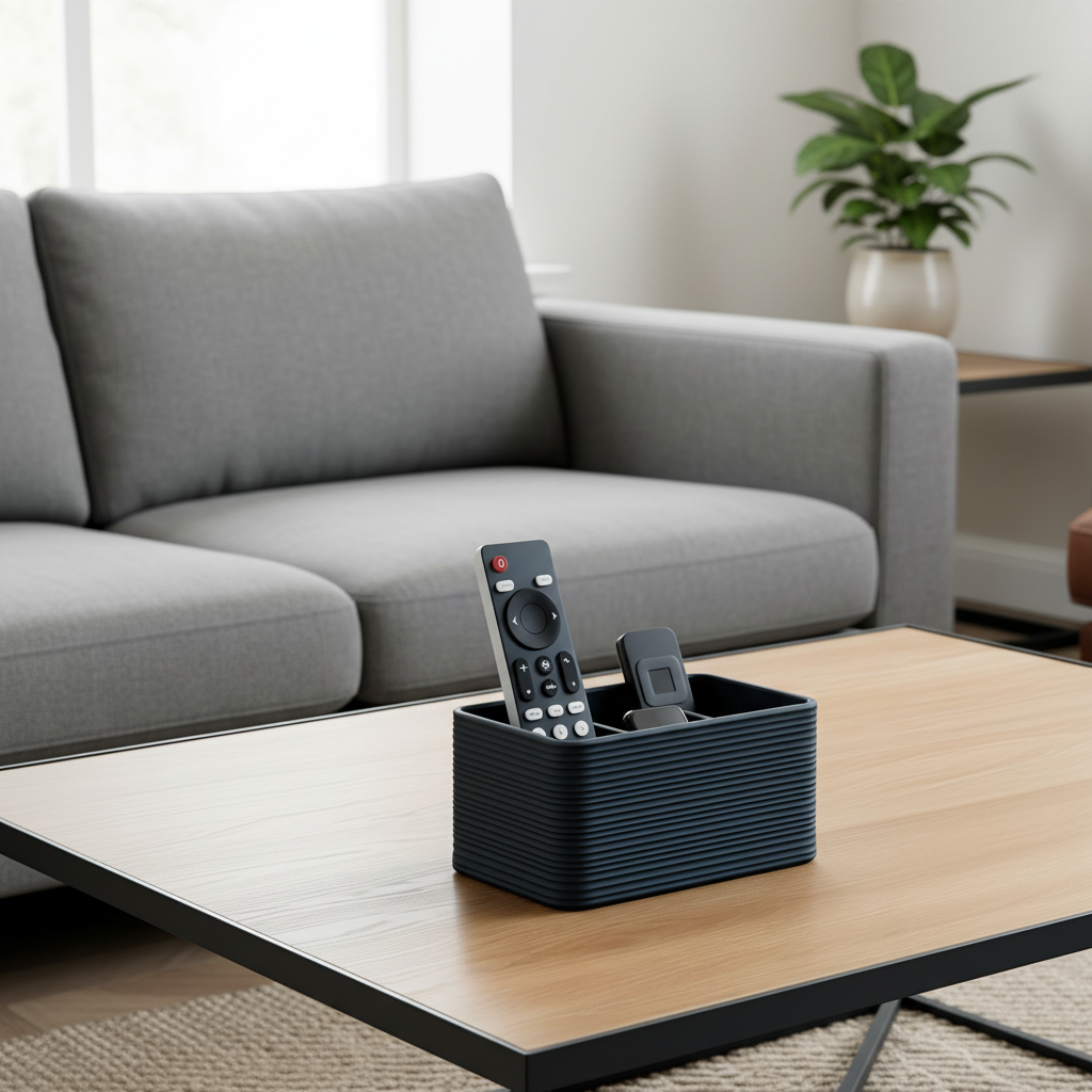 Ribbed remote holder with remotes on a Scandinavian living room coffee table