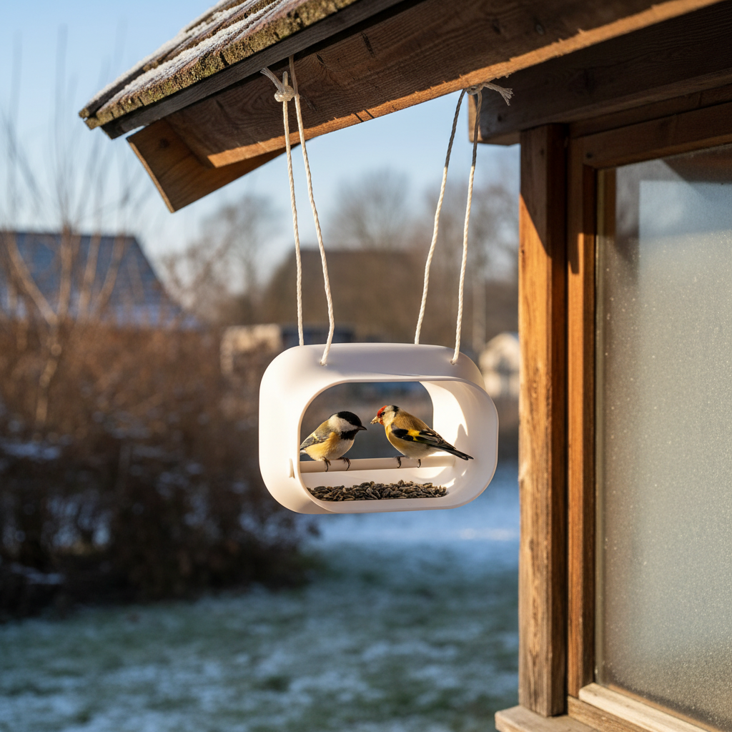 Bird feeding station hanging from porch with birds feeding, winter morning