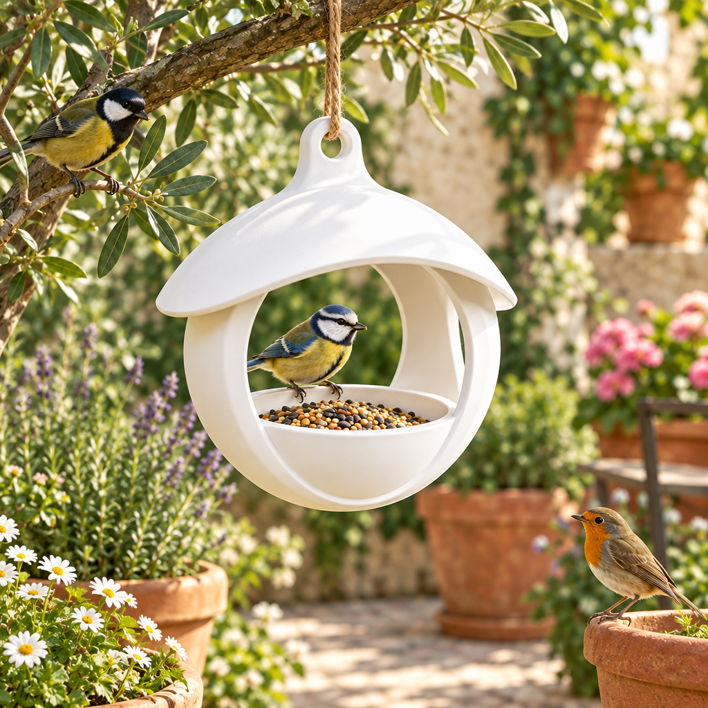 Spherical bird feeder among courtyard planters