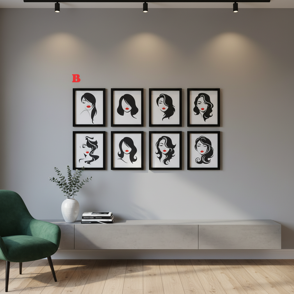 Collection of Woman's Face Shadow Boxes displayed as a gallery wall arrangement in a chic modern living room