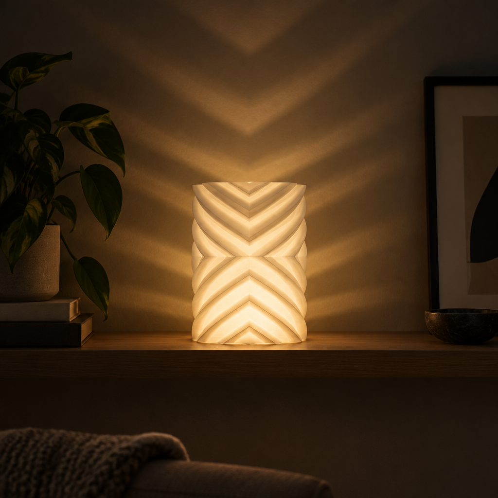 Geometric lampshade on a shelf casting layered angular light patterns onto a wall