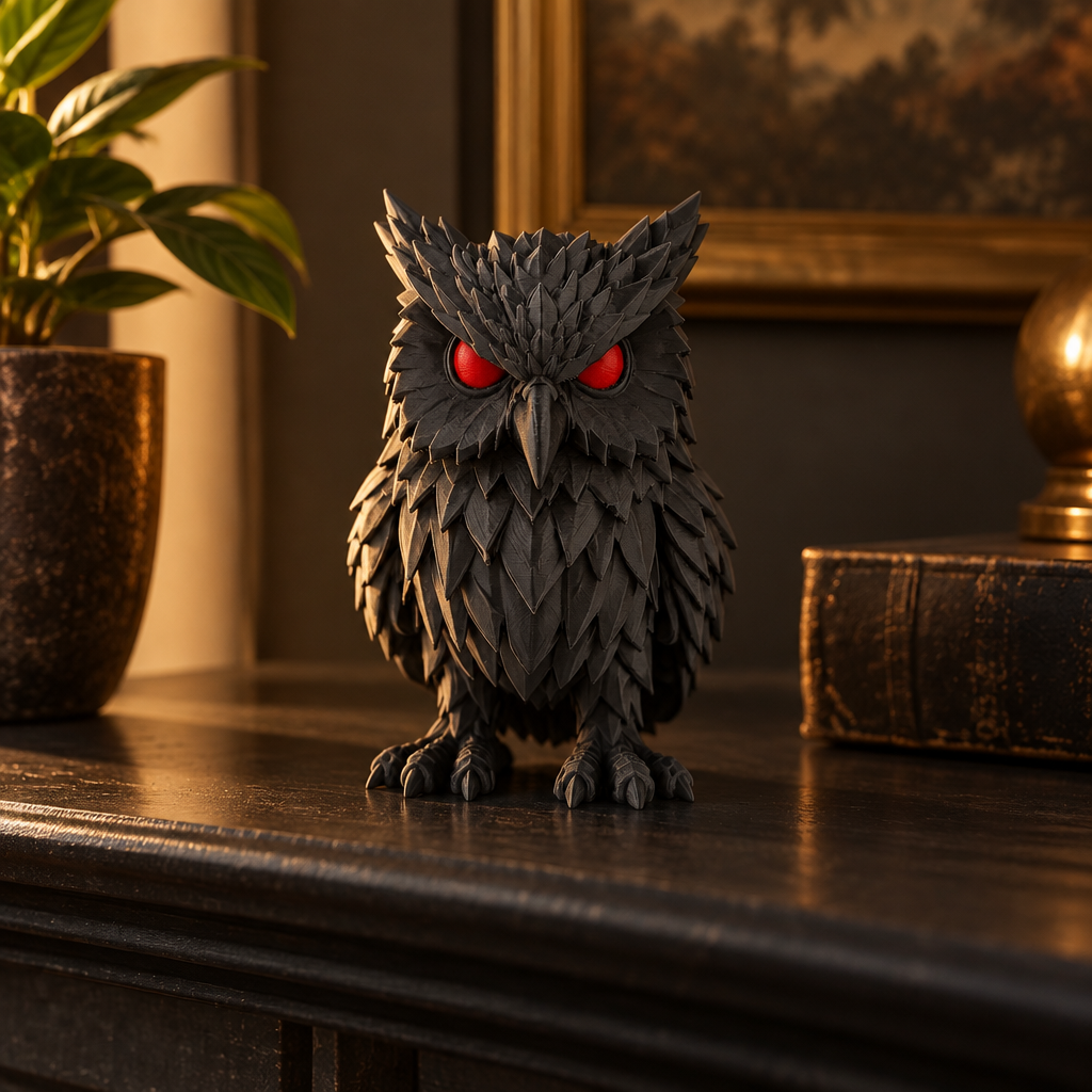 Crimson Watcher Owl on dark mantel