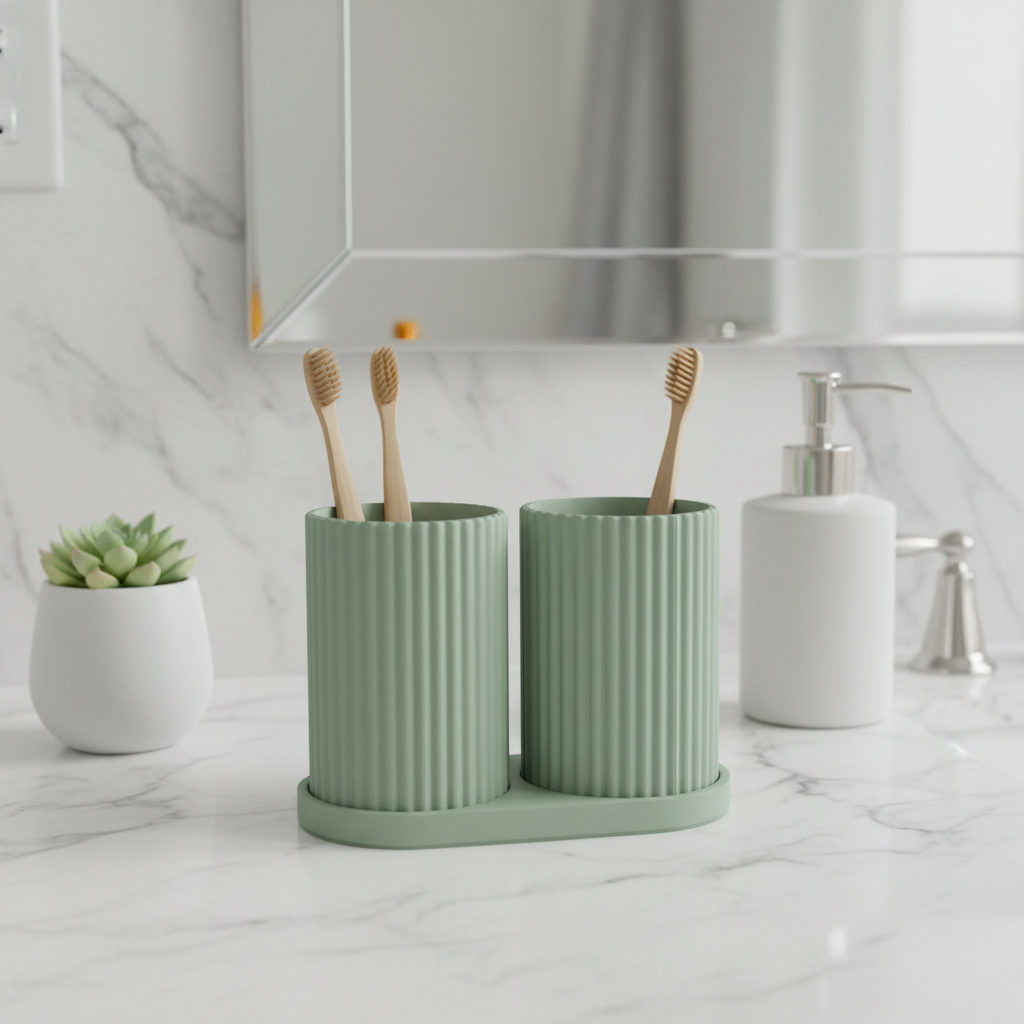 Sage green ribbed dual toothbrush holder on white marble bathroom counter with bamboo toothbrushes, plant and soap dispenser