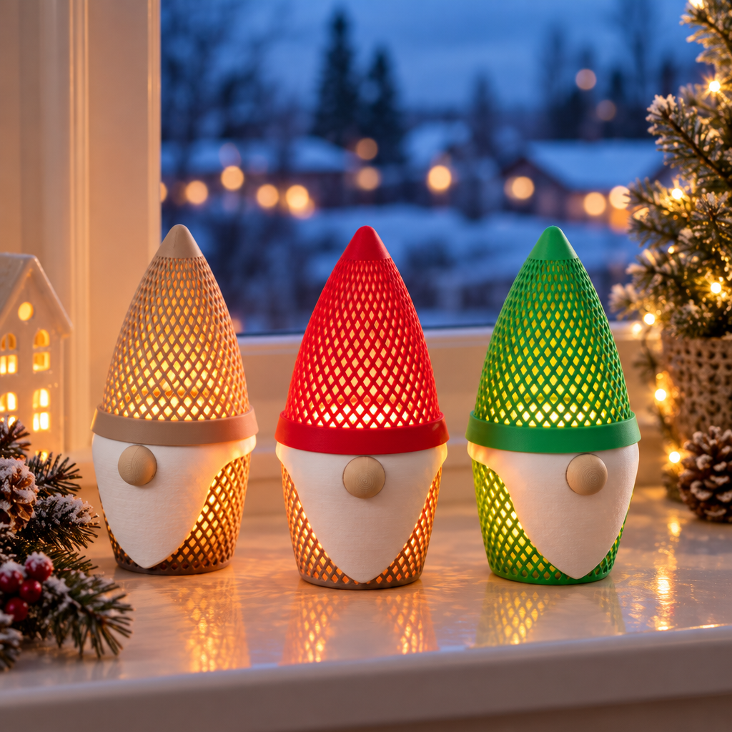 Beige, red and green gonk tealight holders glowing on a winter windowsill at dusk