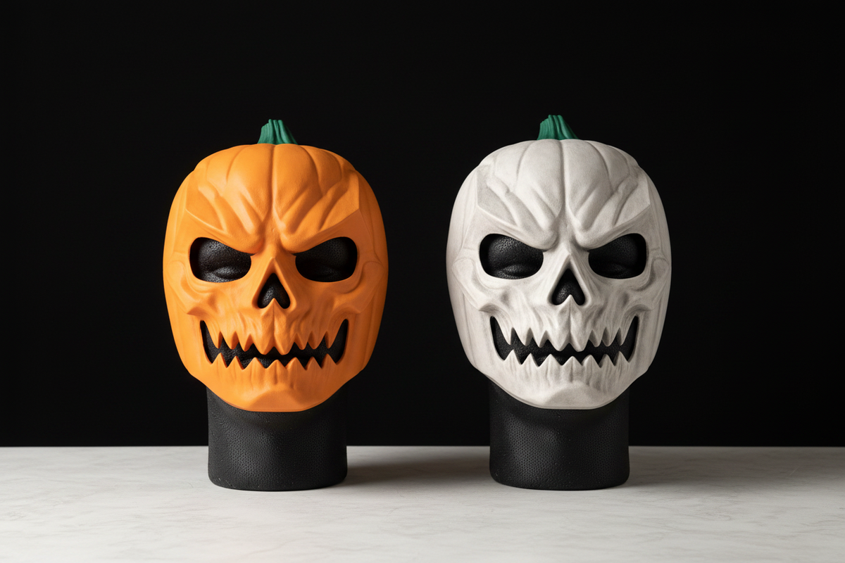 Two pumpkin skull Halloween masks side by side orange and white variants both green stem carved ribbing hollow eyes jagged jaw black foam mannequin heads black studio soft even lighting both colour variants landscape editorial