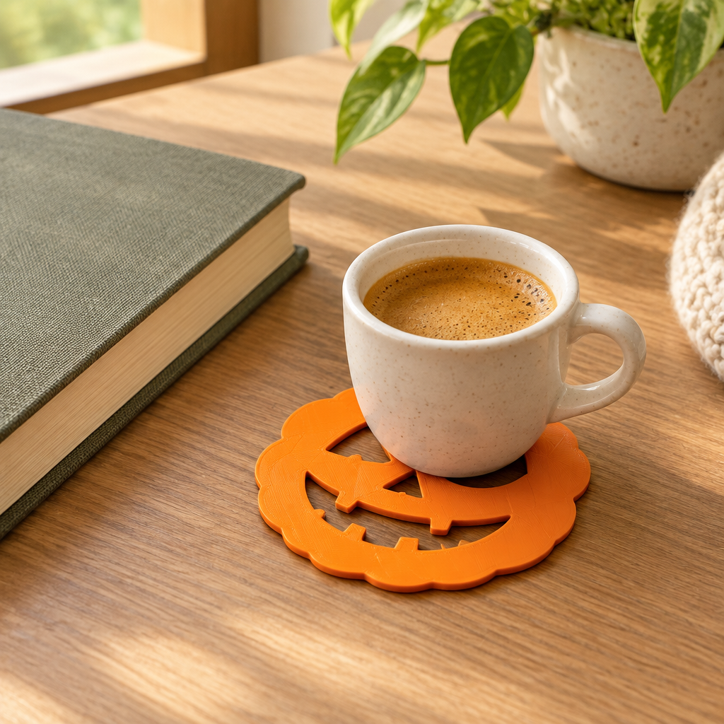Orange pumpkin coaster under an espresso cup on a home desk