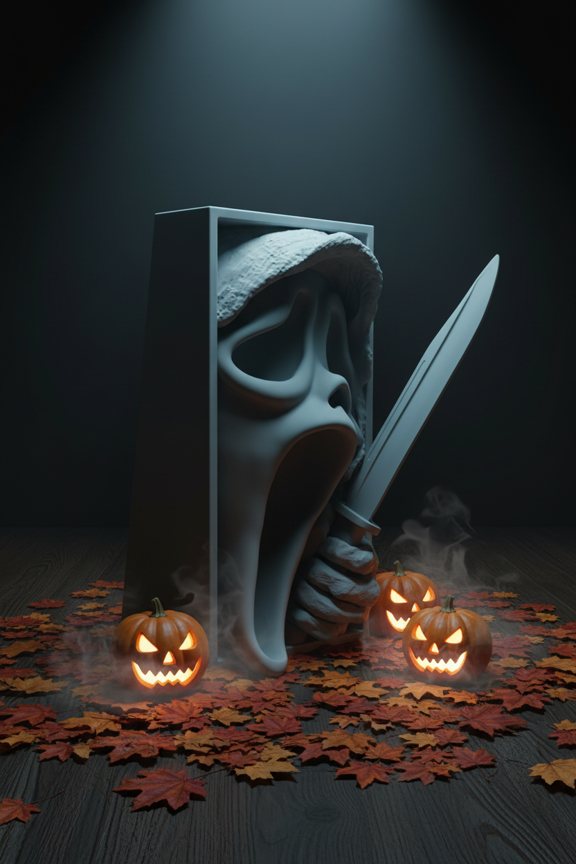 Scream book nook relief sculpture grey framed box outdoors night fallen leaves glowing jack-o-lanterns ground fog moonlit atmospheric Halloween night scene portrait