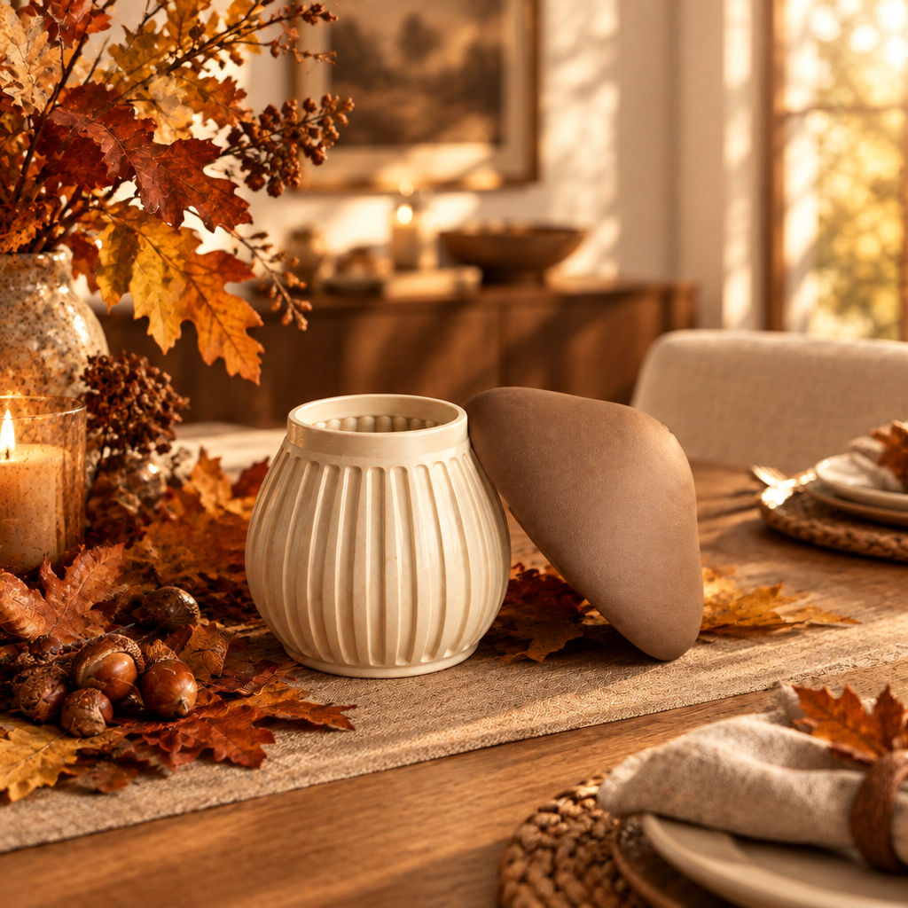 Mushroom container styled on an autumn dining table