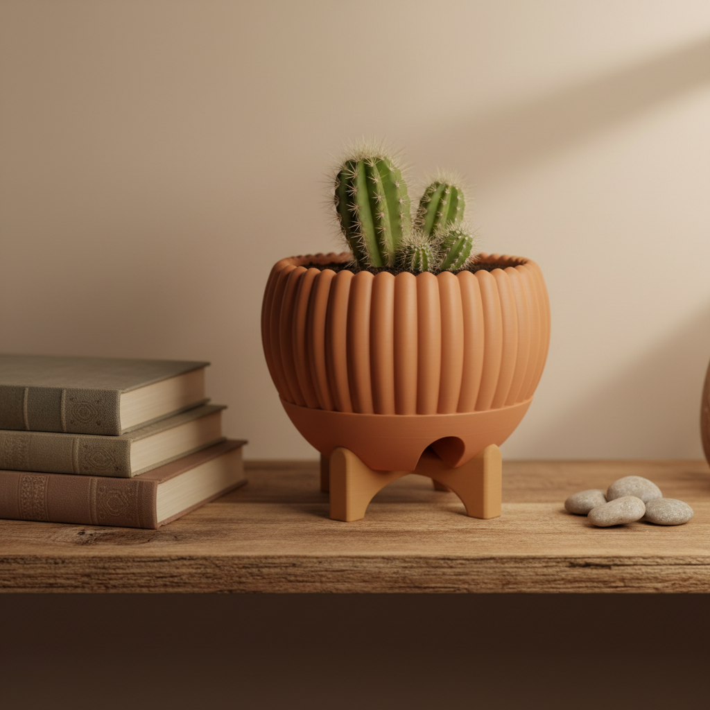 Terracotta brown Luma ribbed planter with a small cactus on a rustic wooden boho shelf