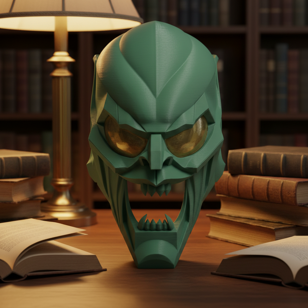 Clean green geometric villain mask sculpture displayed on a library desk with warm lamplight