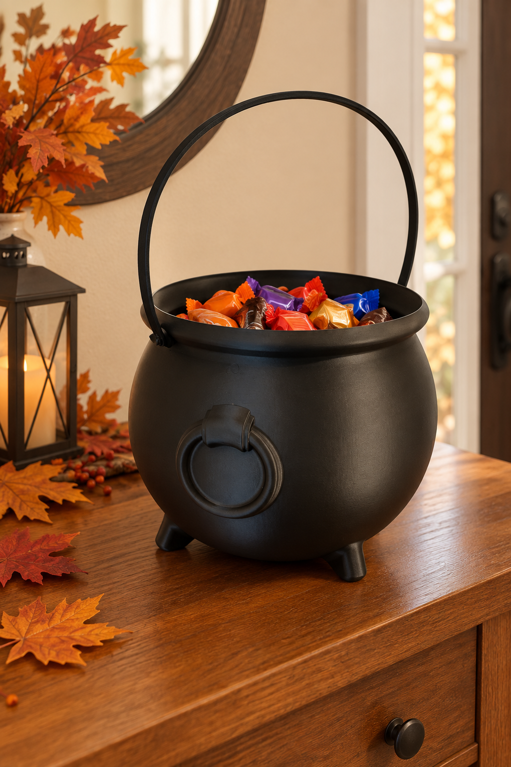 Black cauldron sweet tray with wrapped treats on an autumn entry console