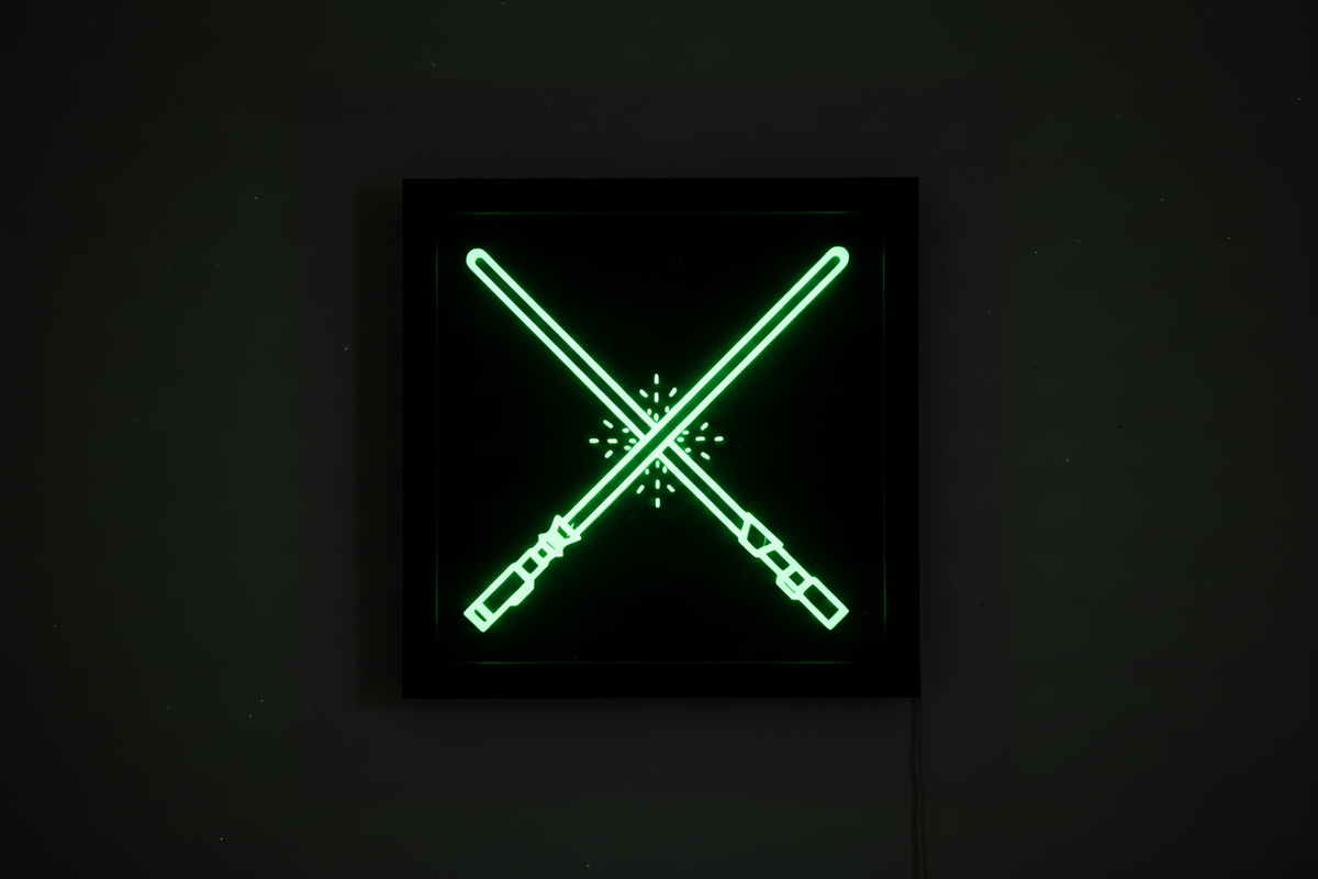 Lightsabers Neon Line Art shadow box glowing in the dark with vivid green neon crossed blades and starburst clash