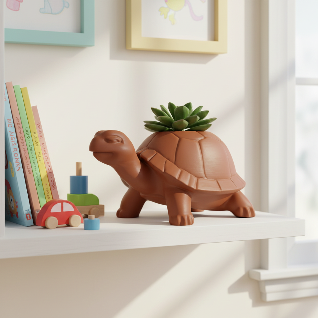 Terracotta brown turtle planter with a small succulent on a children's bedroom shelf