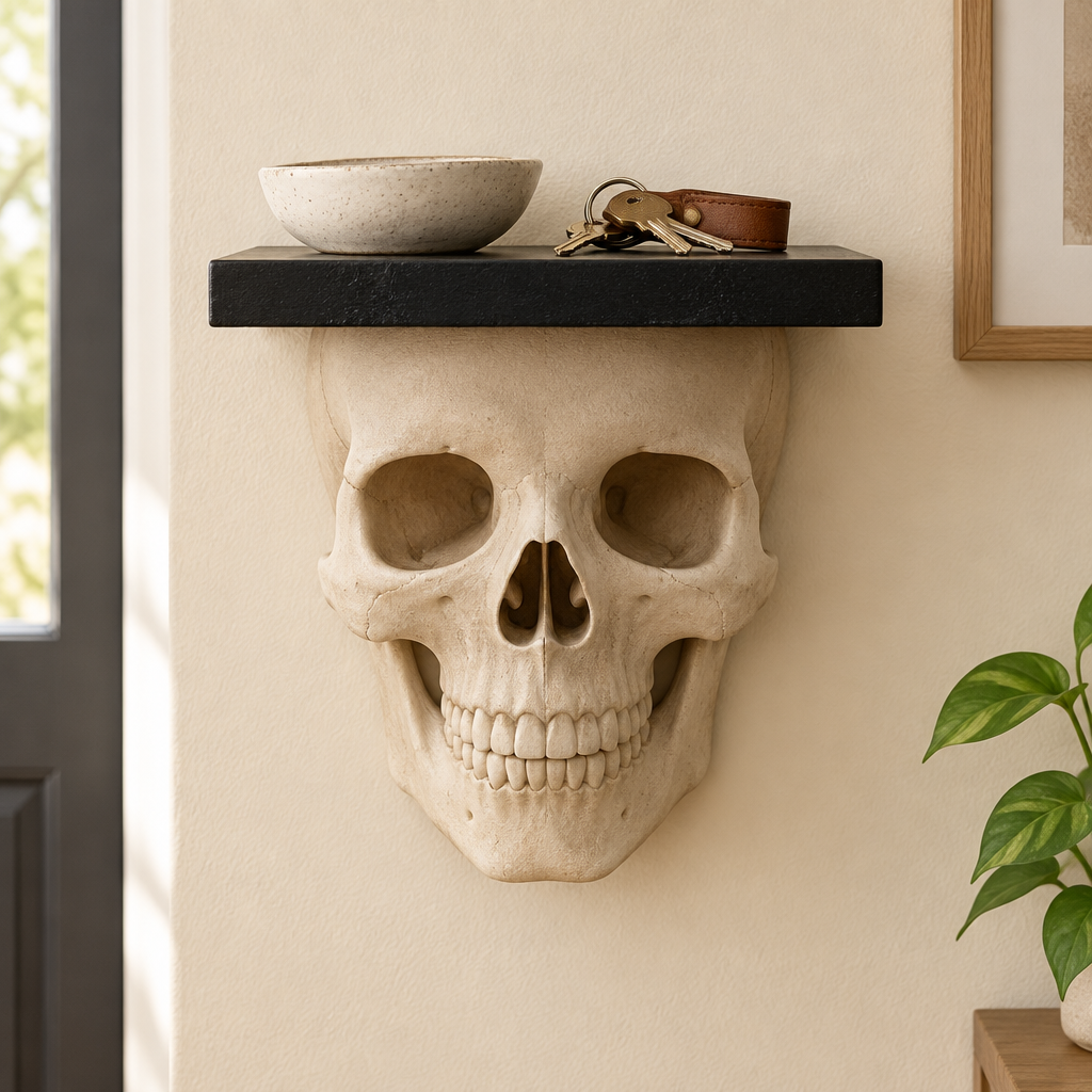 Front-facing Skull Shelf styled on a warm cream entryway wall