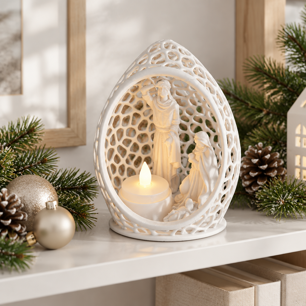 Oval lattice Nativity display on a bright bookshelf with subtle Christmas décor