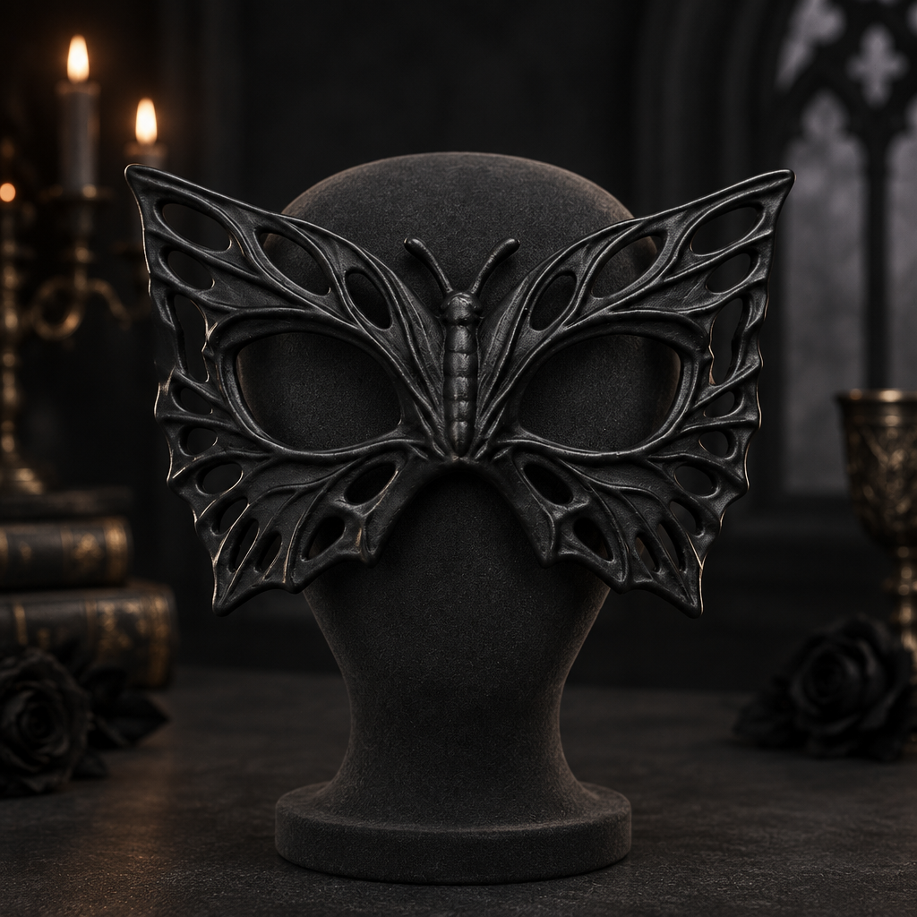 Black Butterfly Mask on a stand in a dark photo studio.