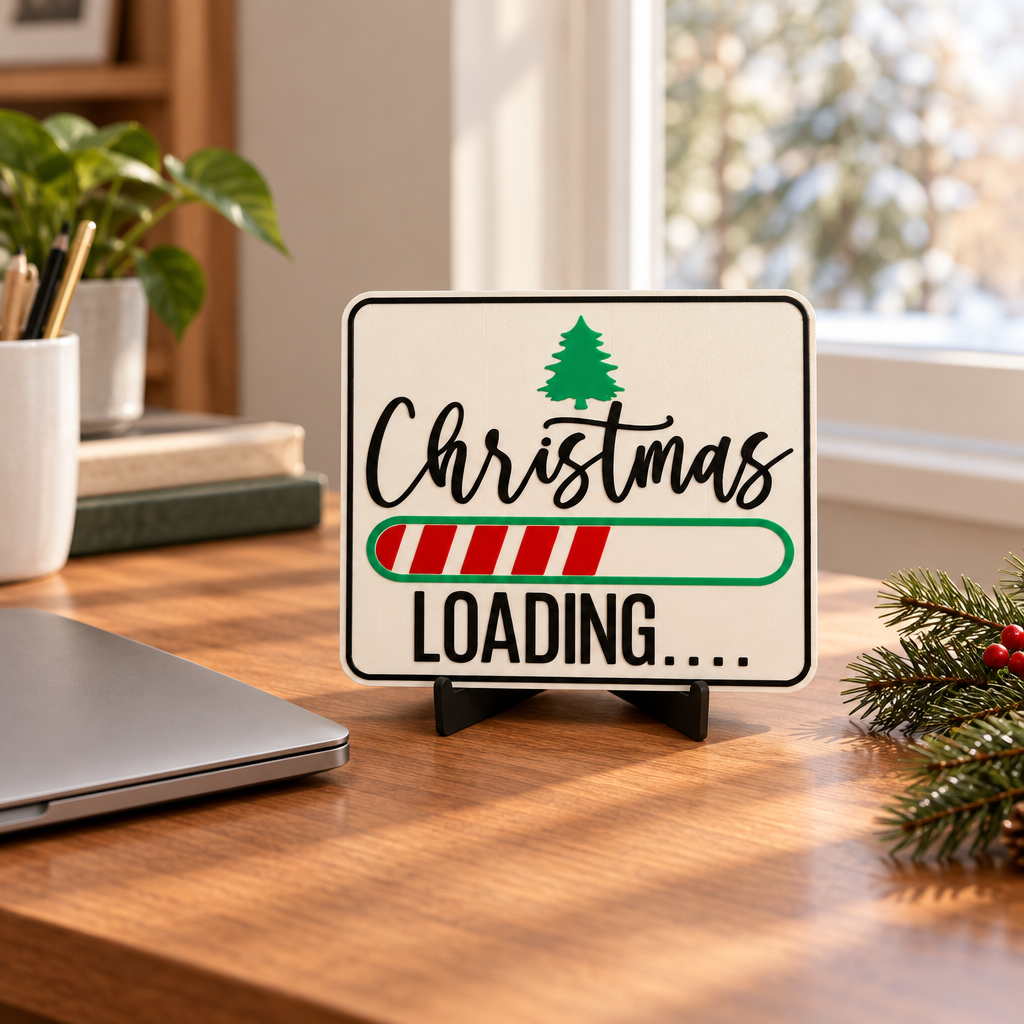 Christmas Loading Sign displayed on a tidy home-office desk