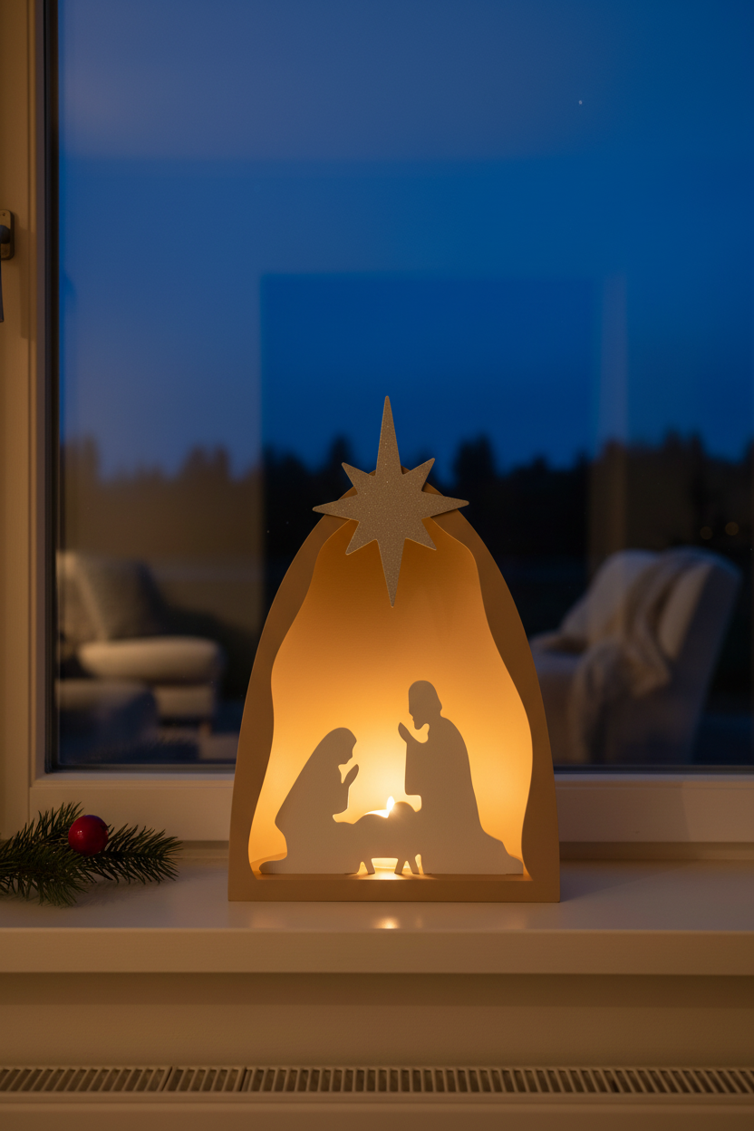 Nativity scene glowing on windowsill at dusk with deep blue night sky lifestyle