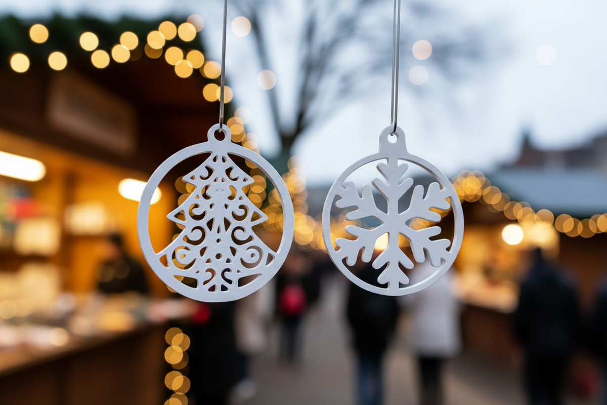 White filigree Christmas bauble ornament hangers close up macro snowflake and Christmas tree designs hanging silver hooks warm Christmas market fairy lights bokeh landscape editorial