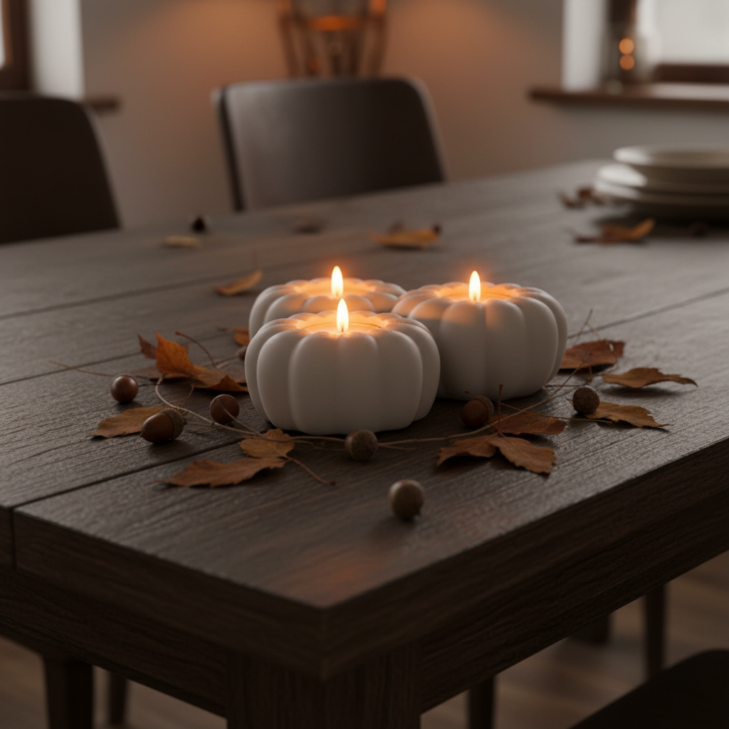 Three white ribbed pumpkin tealight holders glowing on dark wooden dining table with autumn leaves lifestyle