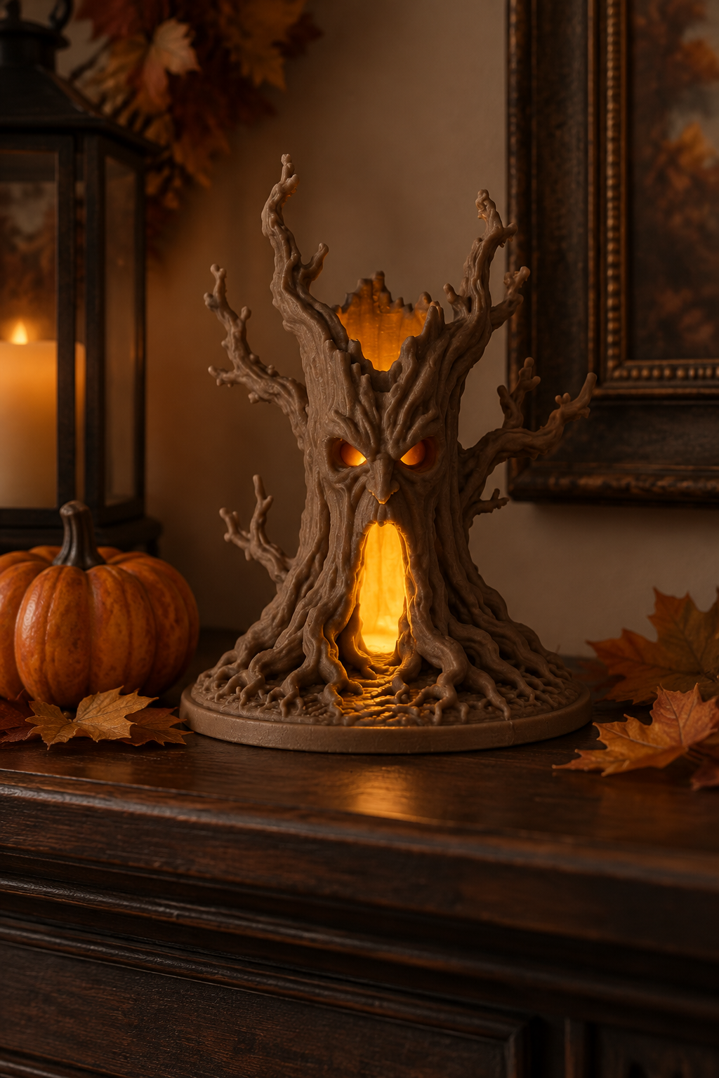 Glowing haunted tree tealight holder on a dark mantel with a pumpkin and autumn leaves