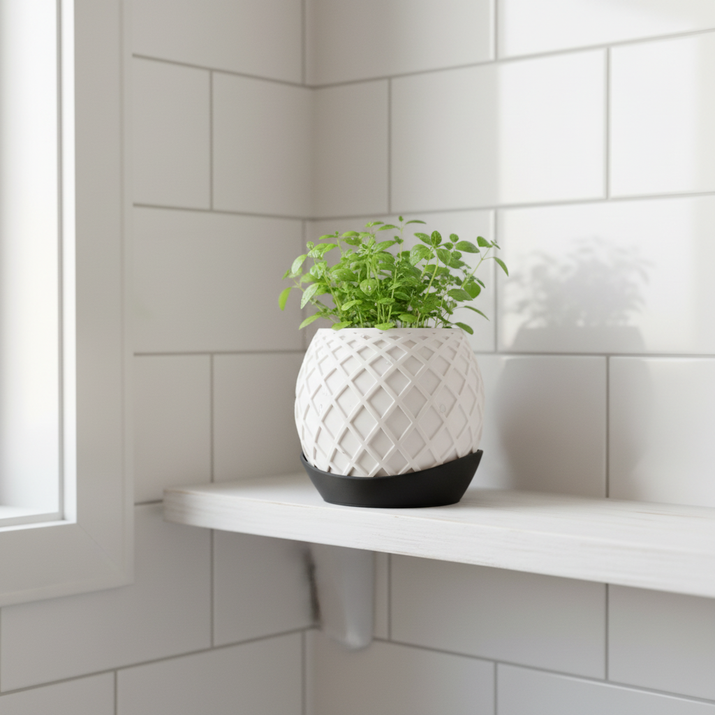 White lattice planter on bathroom shelf lifestyle